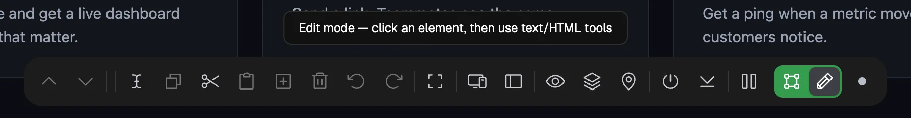 The dock in Edit mode: Edit Text, Copy, Cut, Paste, Duplicate, Delete, Undo and Redo buttons