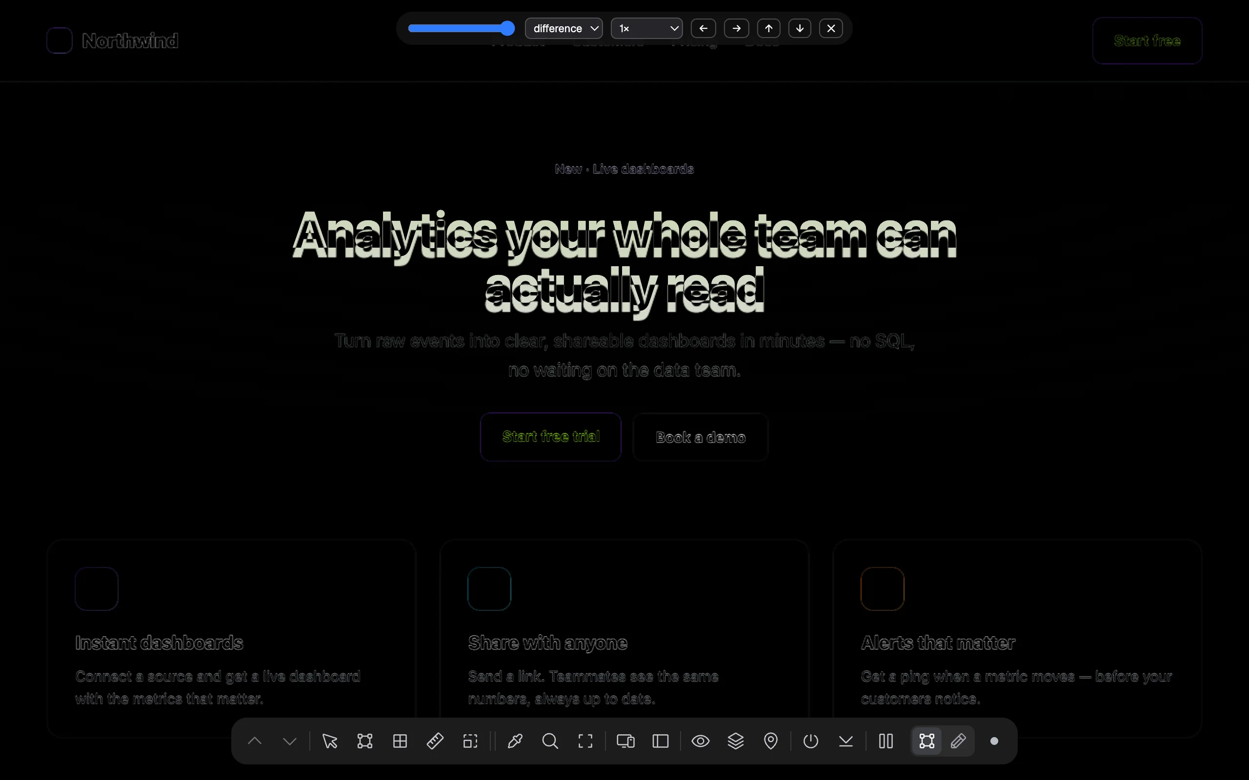 A mockup over the page in Difference blend mode: matching areas turn black, and the headline shows a doubled outline where it is 10 px lower in the mockup; the control bar at the top has an opacity slider, a difference blend menu, a 1× size menu, arrow buttons and a close button