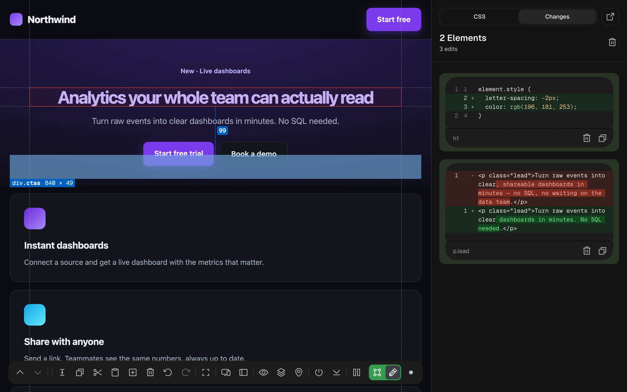 The Changes tab: 2 Elements, 3 edits. The headline's element.style gained letter-spacing -2px and color rgb(196, 181, 253); the lead paragraph's text changed, with the changed words highlighted. Each block has revert and copy buttons