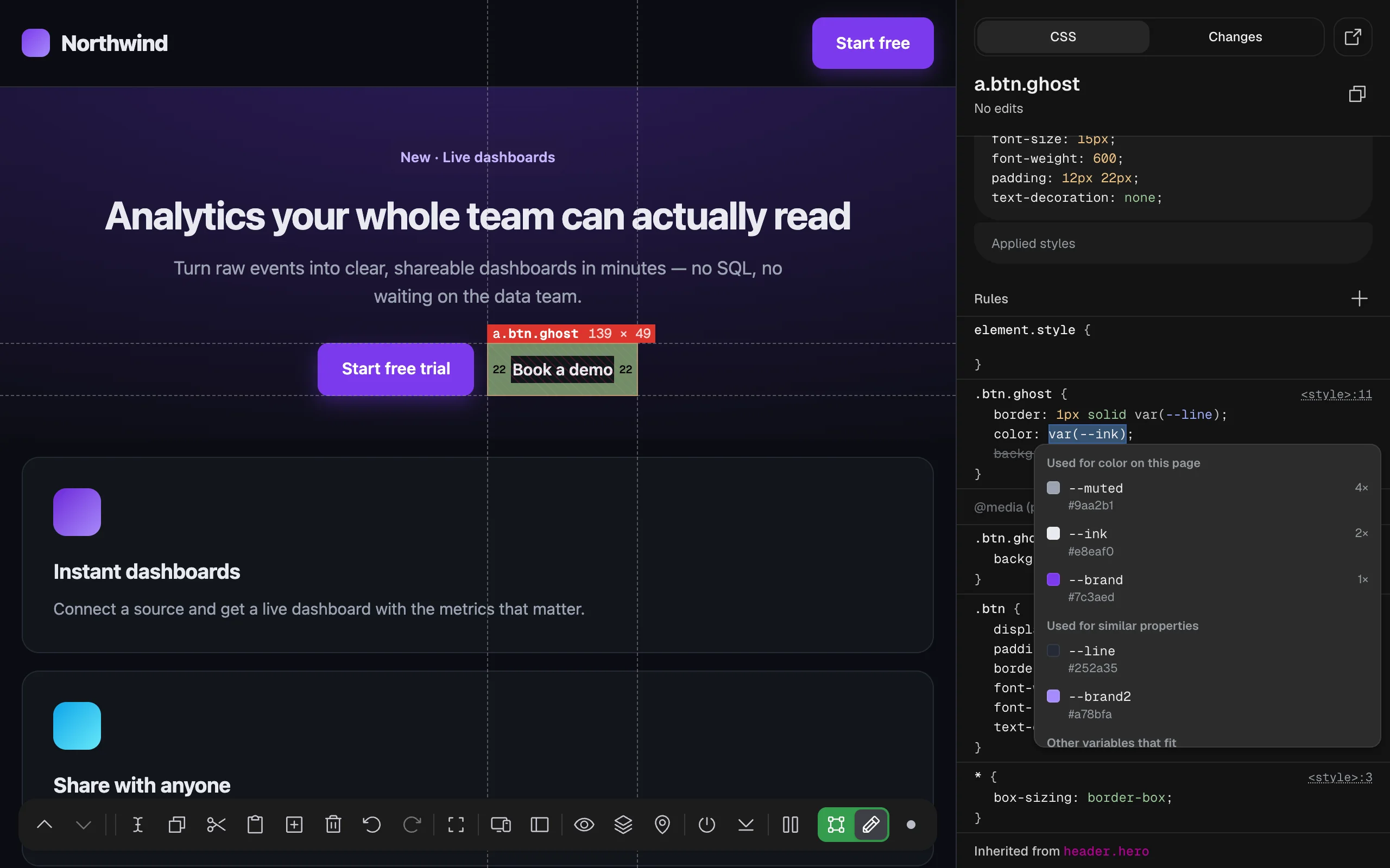 Editing the color of the ghost button: a list under the value shows Used for color on this page (--muted, --ink, --brand with their colors and how often each is used), Used for similar properties (--line, --brand2) and Other variables that fit