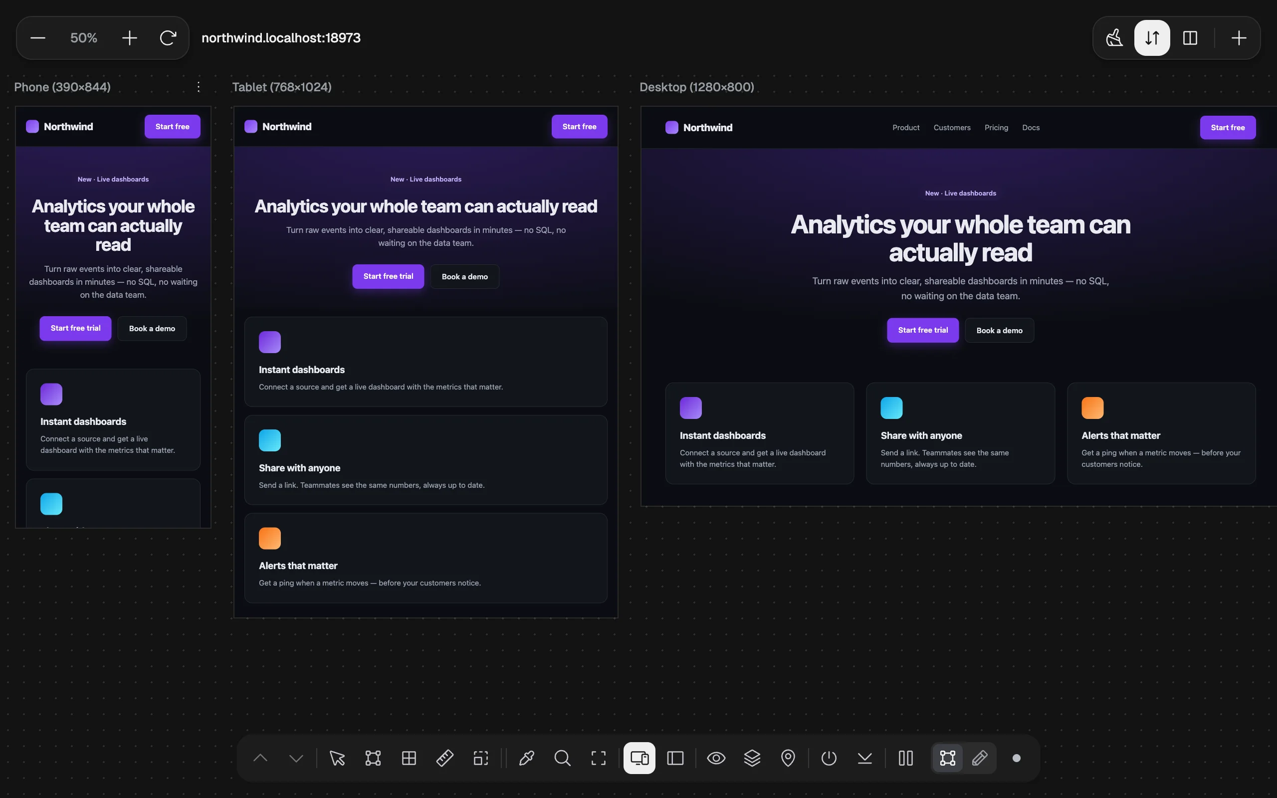 The responsive canvas at 50% zoom with Phone 390×844, Tablet 768×1024 and Desktop 1280×800 viewports side by side, a zoom control top left and canvas buttons top right