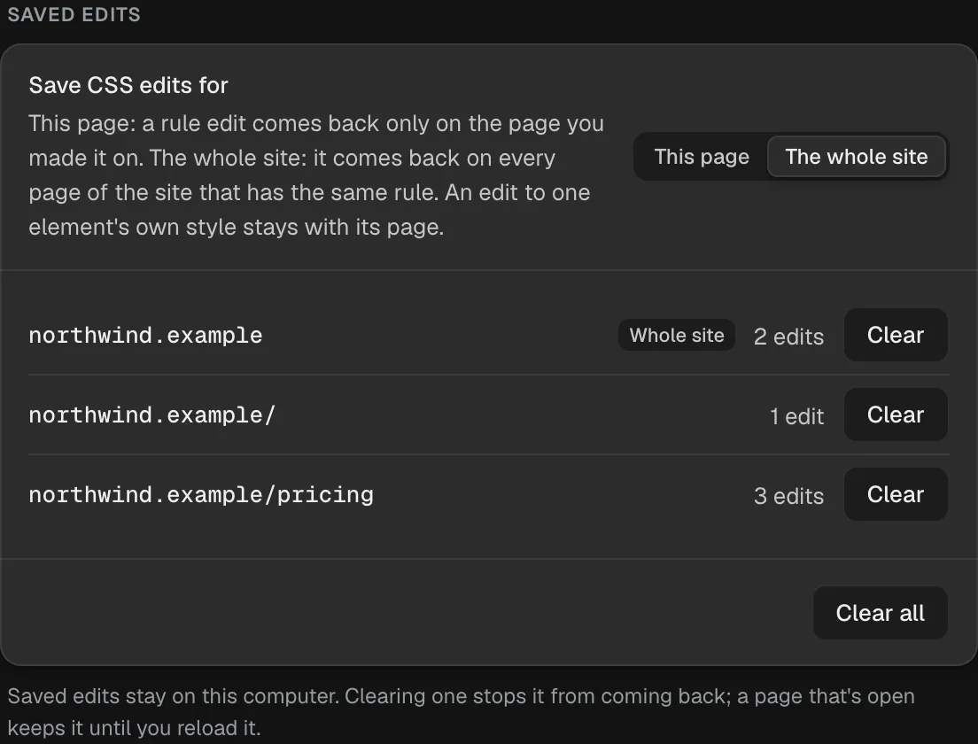 Saved edits in Settings: Save CSS edits for This page or The whole site, then northwind.example (whole site, 2 edits), northwind.example/ (1 edit) and northwind.example/pricing (3 edits), each with Clear, and Clear all