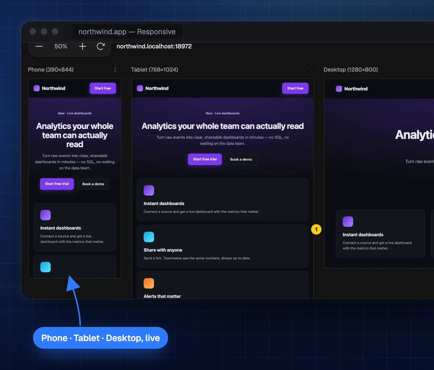 TruePx responsive view: the same page at phone, tablet and desktop widths side by side